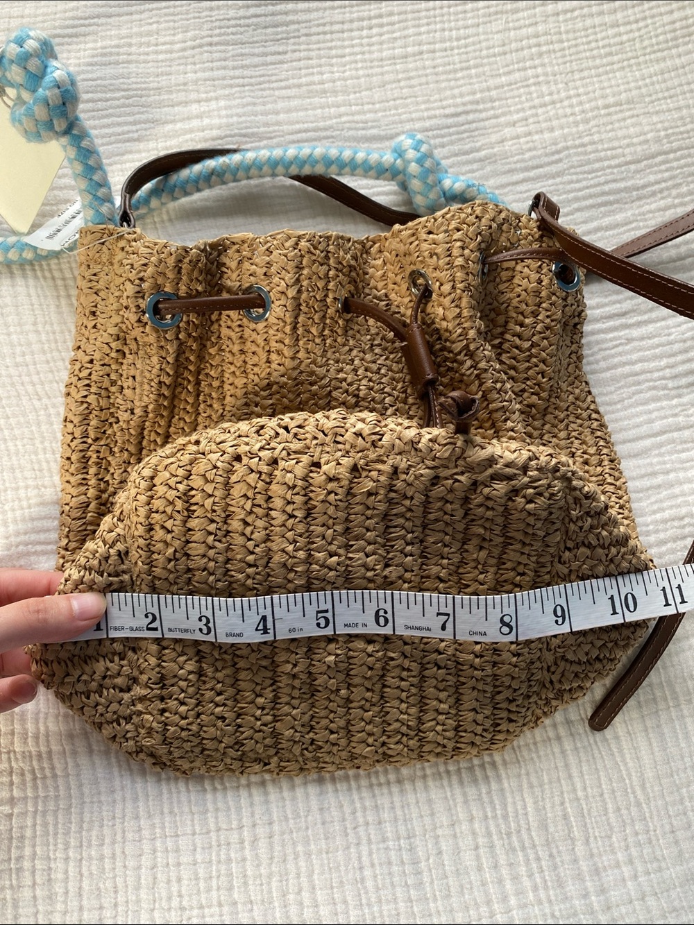 Woven Raffia Drawstring Crossbody Bag with Blue Rope Handle - Picture 5 of 8